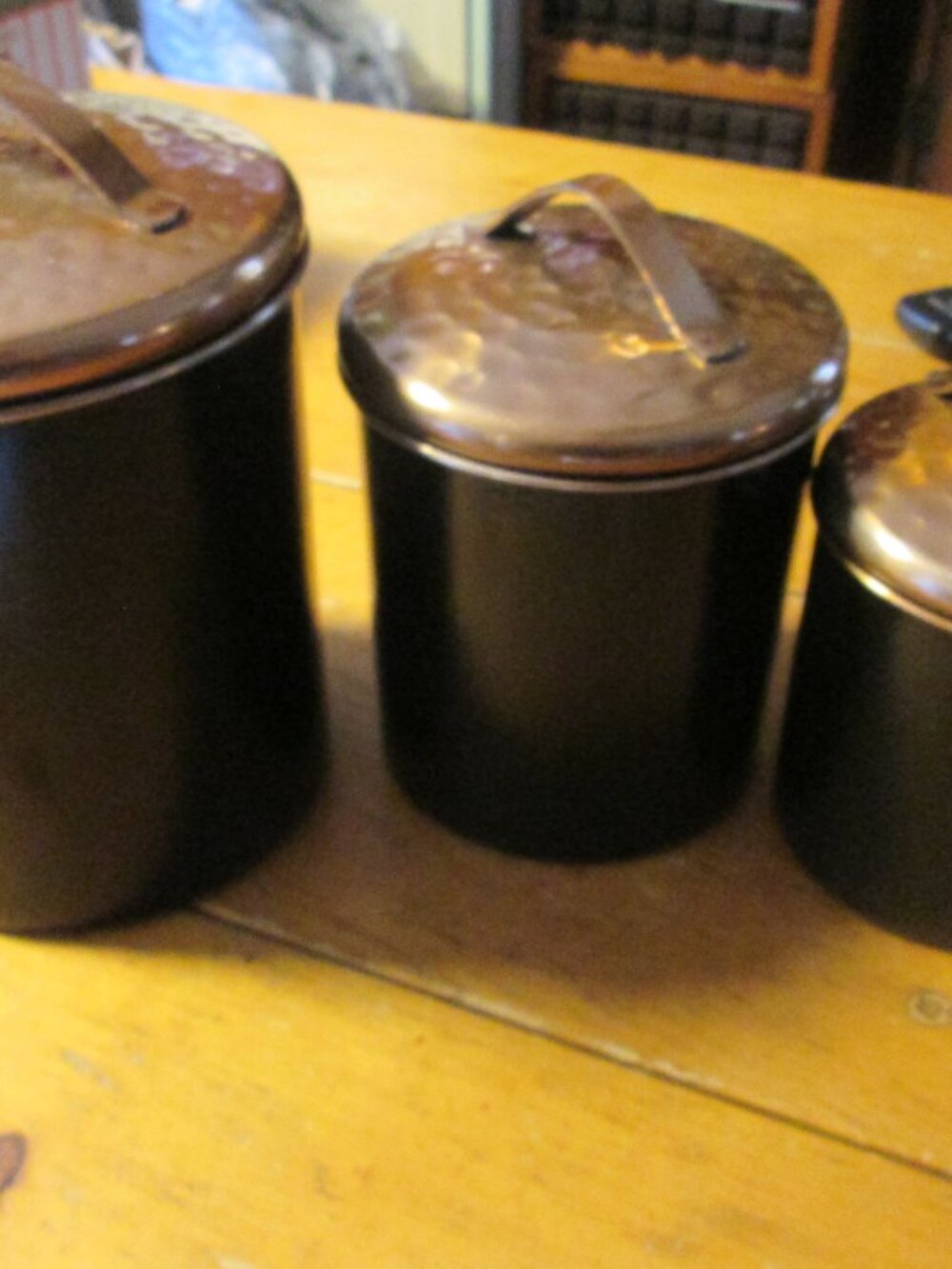 3 pc Black and copper canister set copper lined hammered copper lids quality set